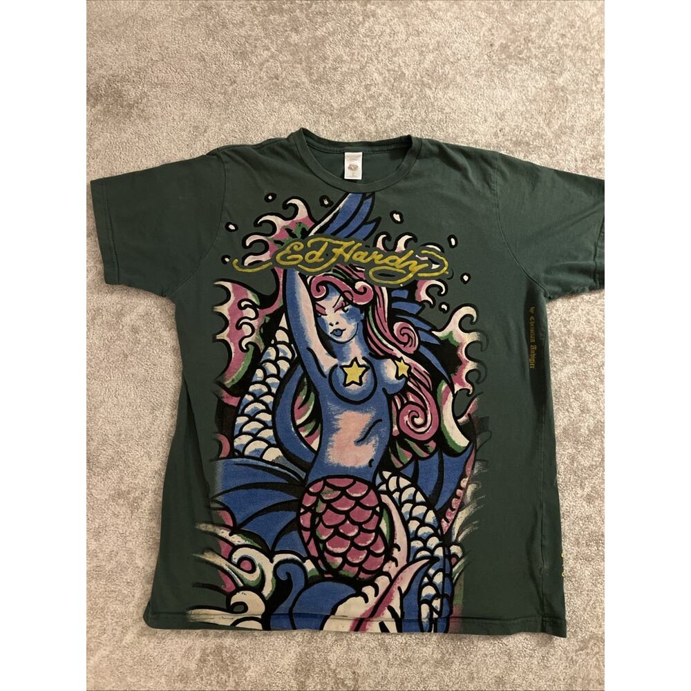 Ed Hardy Pinup Graphic Sexy Mermaid Fins Star pasties Scales Waves Green Men's L